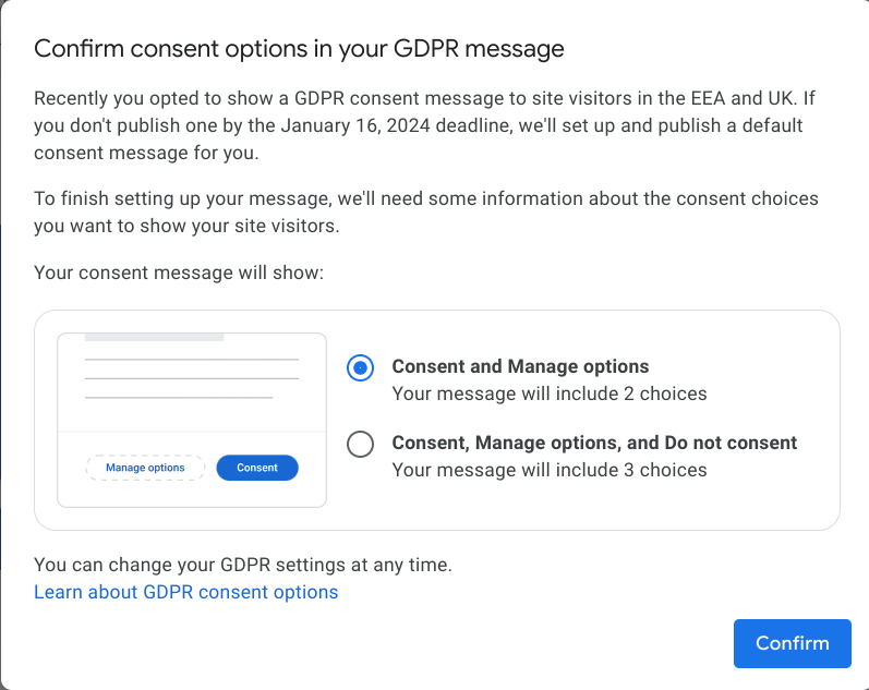 two choices for GDPR message for your website users