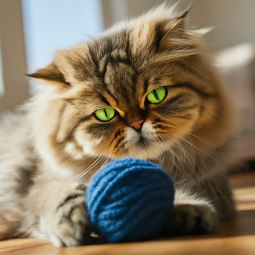 Image of A Persian cat with bright green eyes batting at a ball of yarn in a sunlit living room