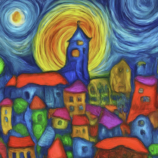 Painting of a whimsical cityscape with colorful buildings