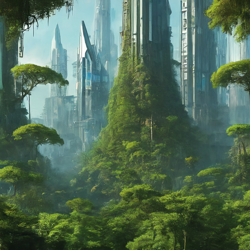 A futuristic city built on top of a lush rainforest canopy