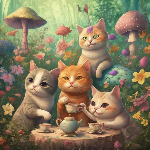 A playful group of cats having a tea party in a colorful garden