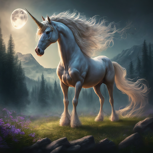 A unicorn in a forest at night